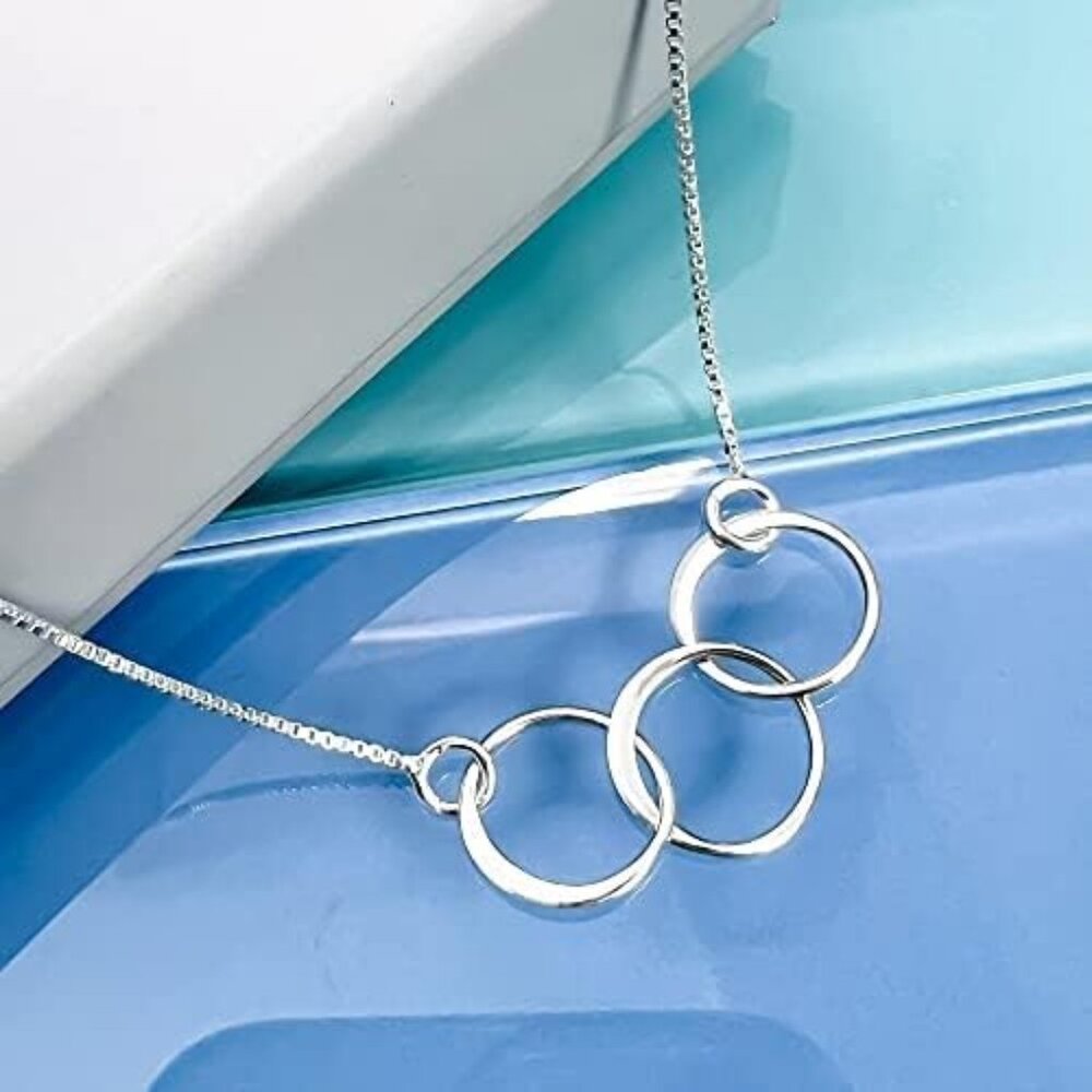 Sterling Silver Three Ring Necklace Interlocking … - image 4
